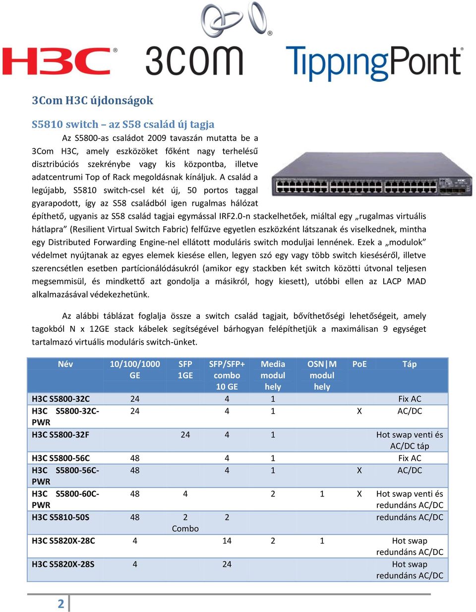 A család a legújabb, S5810 switch-csel két új, 50 portos taggal gyarapodott, így az S58 családból igen rugalmas hálózat építhető, ugyanis az S58 család tagjai egymással IRF2.