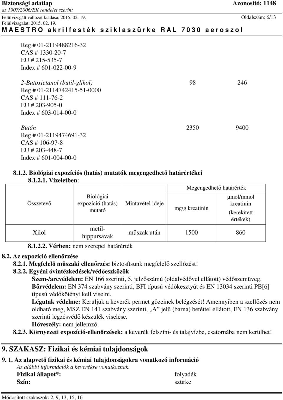 2350 9400 Reg # 01-2119474691-32 CAS # 106-97-8 EU # 203-448-7 Index # 601-004-00-0 8.1.2. Biológiai expozíciós (hatás) mutatók megengedhető határértékei 8.1.2.1. Vizeletben: Megengedhető határérték Összetevő Biológiai expozíció (hatás) mutató metilhippursavak 8.