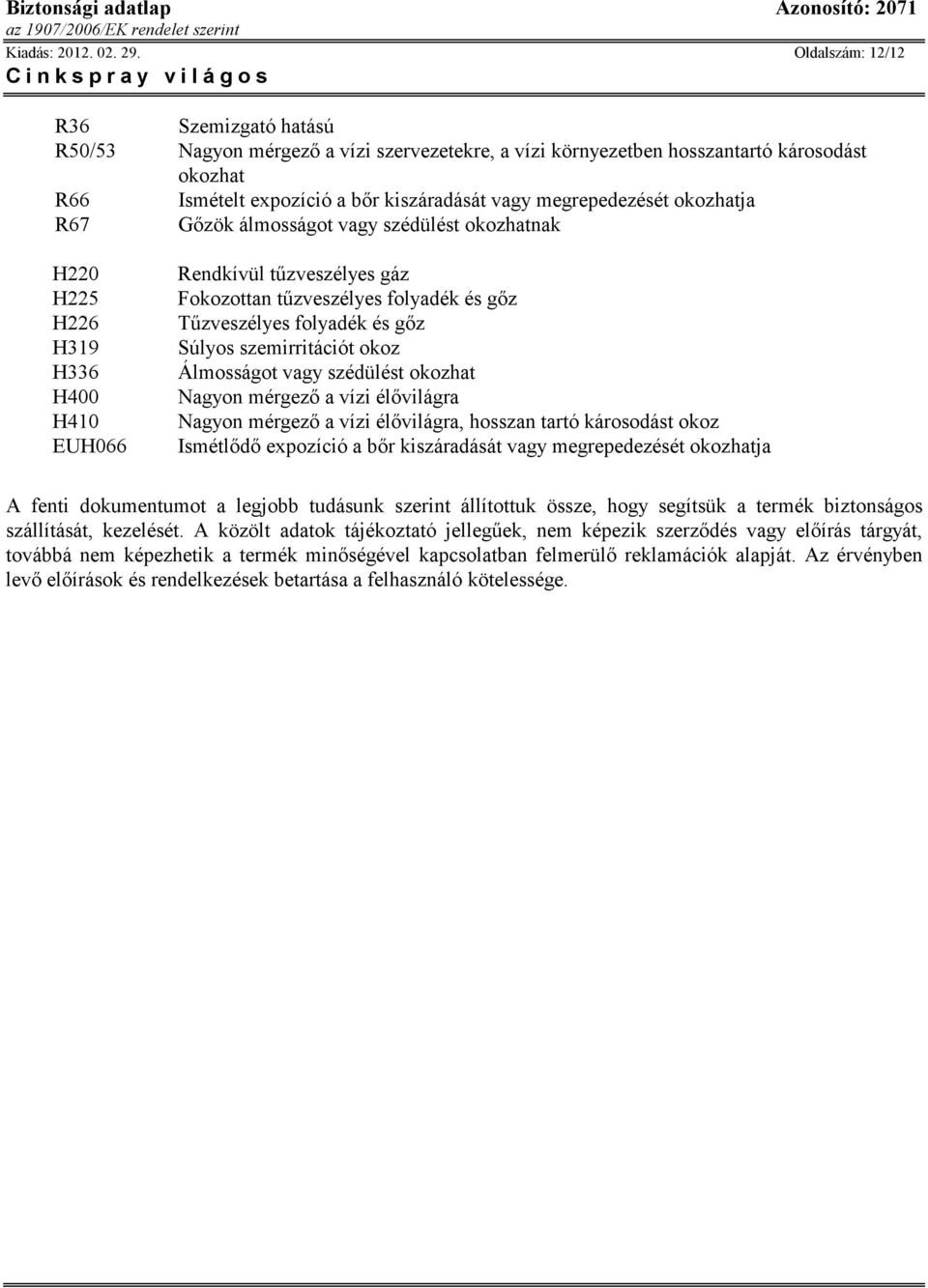 okozhatja R67 Gızök álmosságot vagy szédülést okozhatnak H220 H225 H226 H319 H336 H400 H410 EUH066 Rendkívül tőzveszélyes gáz Fokozottan tőzveszélyes folyadék és gız Tőzveszélyes folyadék és gız