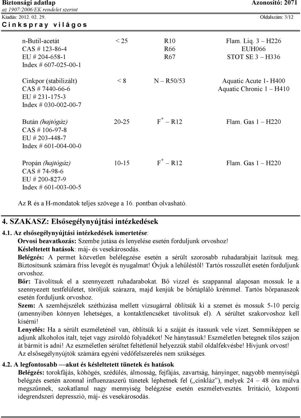 Index # 030-002-00-7 Bután (hajtógáz) 20-25 F + R12 Flam. Gas 1 H220 CAS # 106-97-8 EU # 203-448-7 Index # 601-004-00-0 Propán (hajtógáz) 10-15 F + R12 Flam.