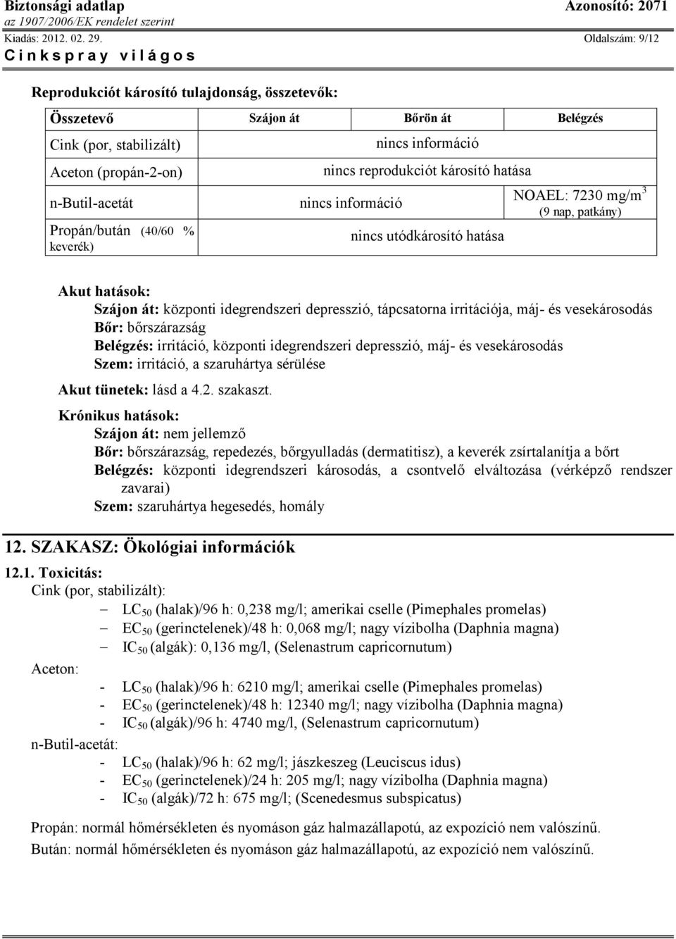 nincs utódkárosító hatása NOAEL: 7230 mg/m 3 (9 nap, patkány) Akut hatások: Szájon át: központi idegrendszeri depresszió, tápcsatorna irritációja, máj- és vesekárosodás Bır: bırszárazság Belégzés: