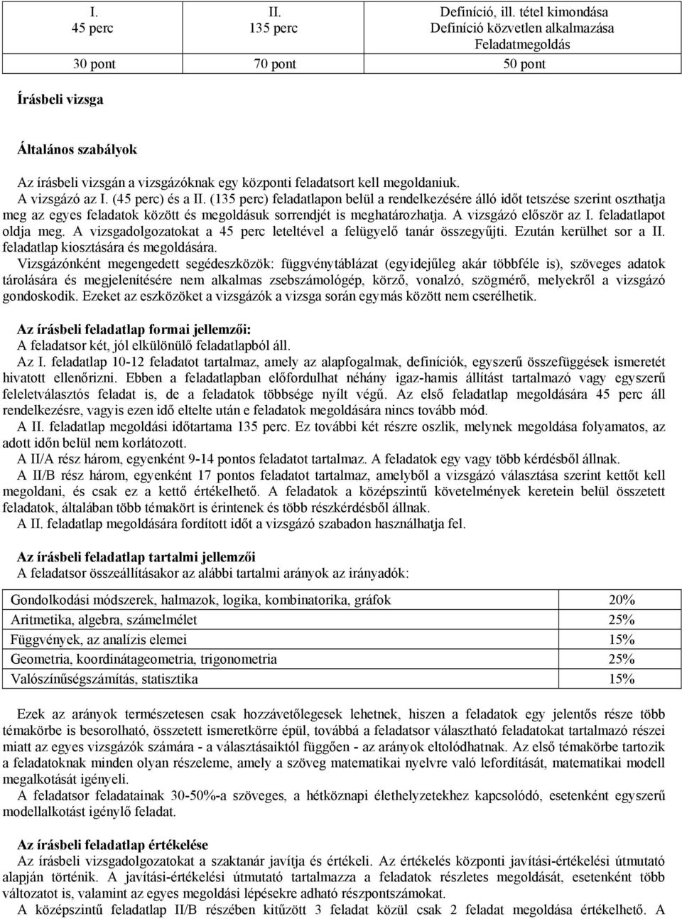 A vizsgázó az I. (45 perc) és a II. (135 perc) feladatlapon belül a rendelkezésére álló időt tetszése szerint oszthatja meg az egyes feladatok között és megoldásuk sorrendjét is meghatározhatja.