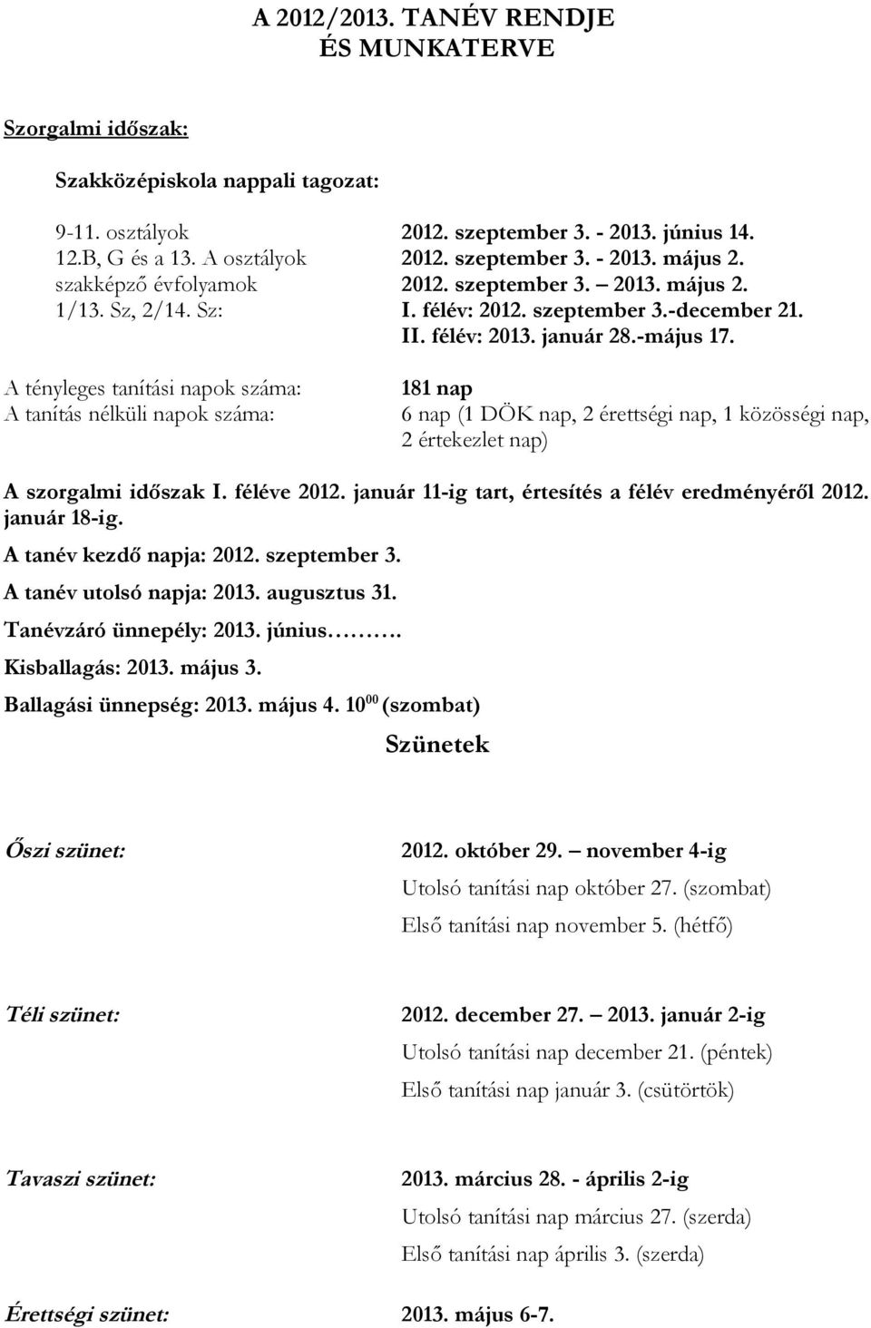 A tényleges tanítási napok száma: A tanítás nélküli napok száma: 181 nap 6 nap (1 DÖK nap, 2 érettségi nap, 1 közösségi nap, 2 értekezlet nap) A szorgalmi időszak I. féléve 2012.