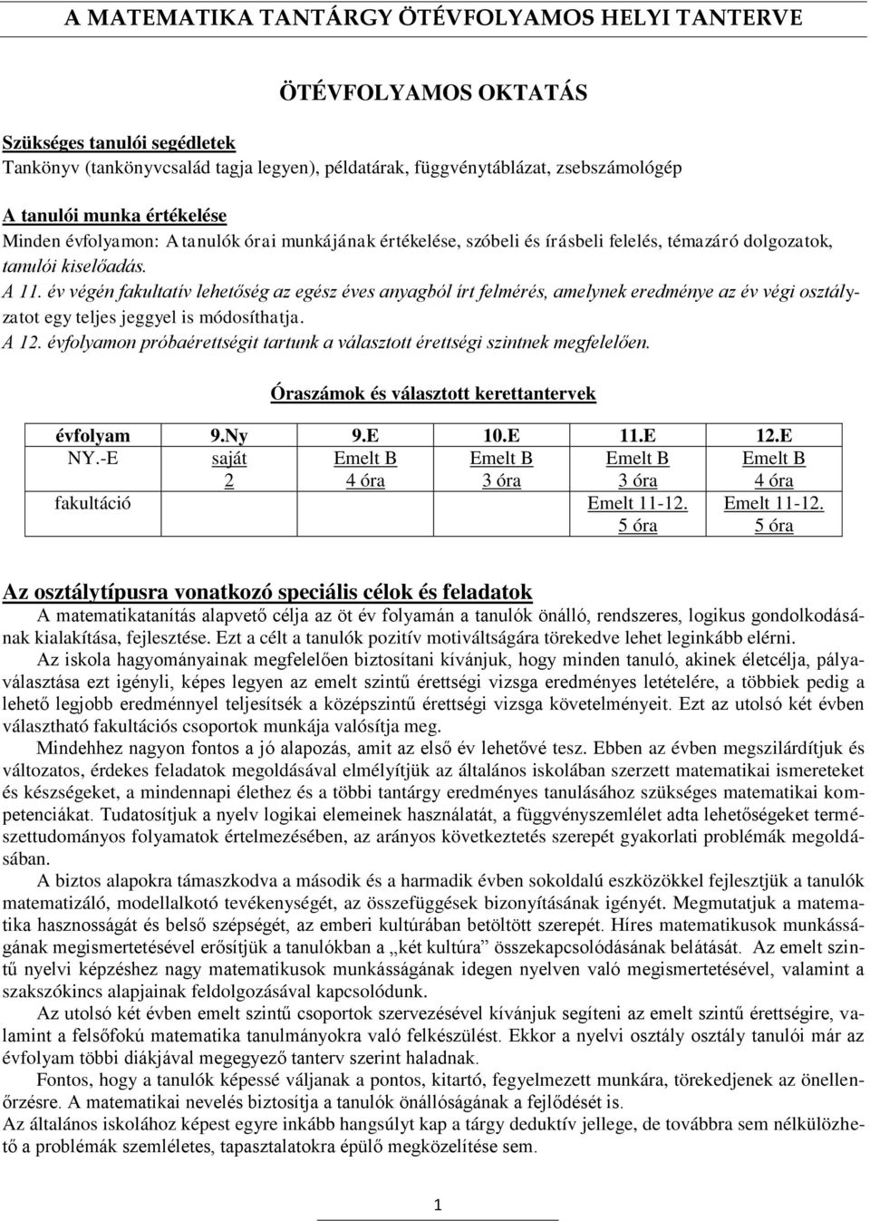 év végén fakultatív lehetőség az egész éves anyagból írt felmérés, amelynek eredménye az év végi osztályzatot egy teljes jeggyel is módosíthatja. A 12.