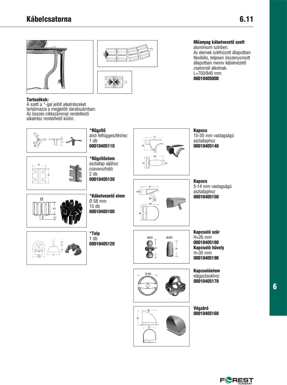 *Rögzítô alsó felfüggesztéshez 1 db 00010405110 *Rögzítôelem asztallap aljához csavarozható 2 db 00010405130 *Kábelvezetô elem Ø 58 mm 15 db 00010405100 Kapocs 15-35 mm vastagságú