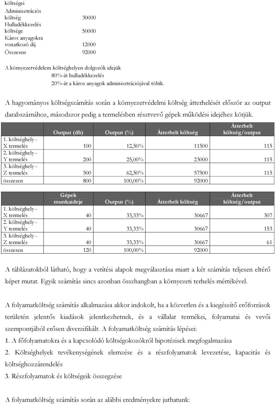 A hagyományos költségszámítás során a környezetvédelmi költség átterhelését először az output darabszámához, másodszor pedig a termelésben résztvevő gépek működési idejéhez kötjük.