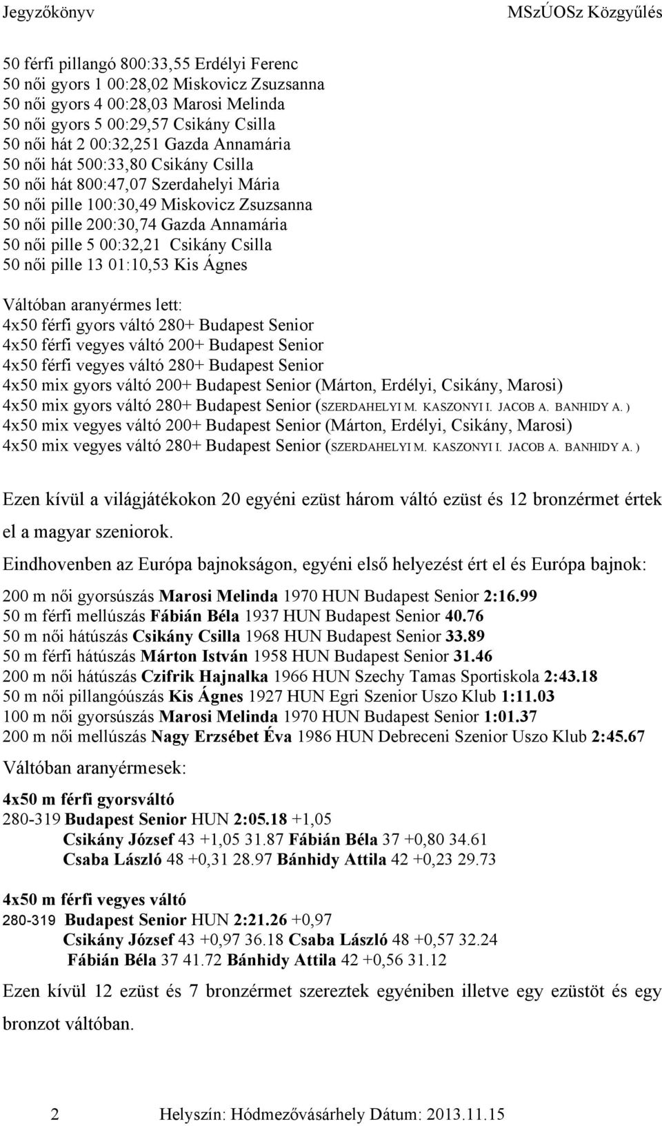 Csilla 50 női pille 13 01:10,53 Kis Ágnes Váltóban aranyérmes lett: 4x50 férfi gyors váltó 280+ Budapest Senior 4x50 férfi vegyes váltó 200+ Budapest Senior 4x50 férfi vegyes váltó 280+ Budapest