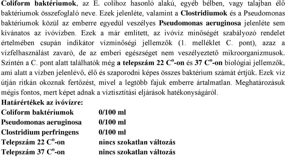 Ezek a már említett, az ivóvíz minőségét szabályozó rendelet értelmében csupán indikátor vízminőségi jellemzők (1. melléklet C.