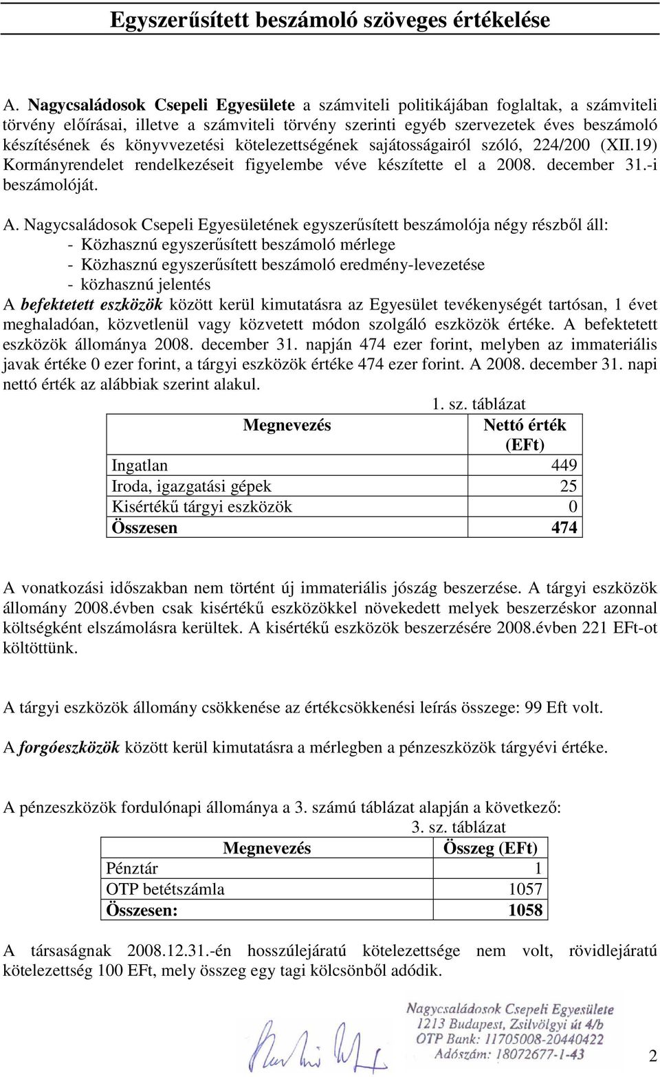 könyvvezetési kötelezettségének sajátosságairól szóló, 224/200 (XII.19) Kormányrendelet rendelkezéseit figyelembe véve készítette el a 2008. december 31.-i beszámolóját. A.