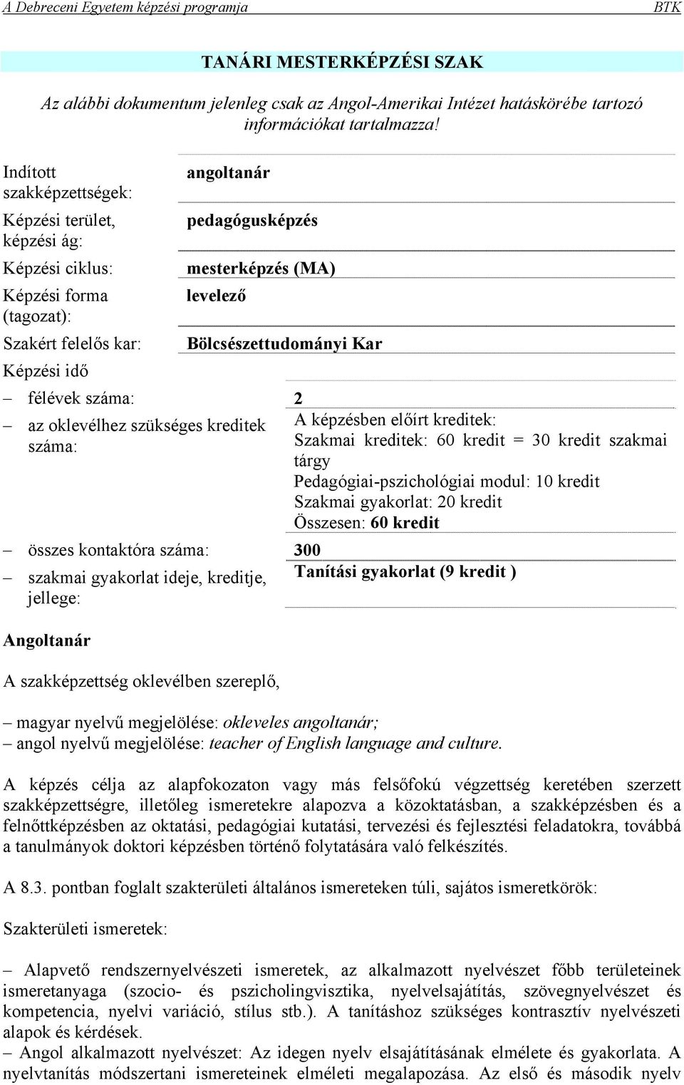 Bölcsészettudományi Kar félévek száma: 2 az oklevélhez szükséges kreditek száma: A képzésben előírt kreditek: Szakmai kreditek: 60 kredit = 30 kredit szakmai tárgy Pedagógiai-pszichológiai modul: 10