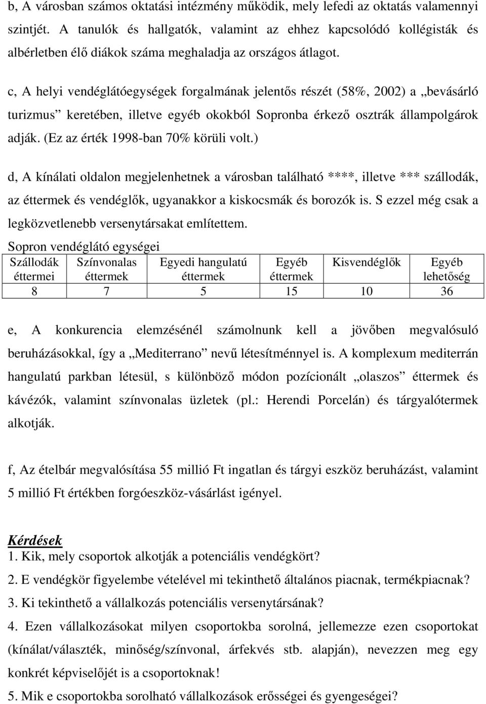 c, A helyi vendéglátóegységek forgalmának jelentős részét (58%, 2002) a bevásárló turizmus keretében, illetve egyéb okokból Sopronba érkező osztrák állampolgárok adják.