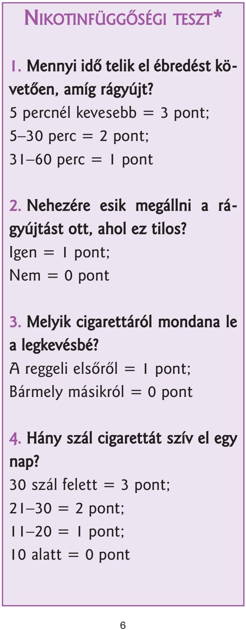 Nehezére esik megállni a rágyújtást ott, ahol ez tilos? Igen = 1 pont; Nem = 0 pont 3.