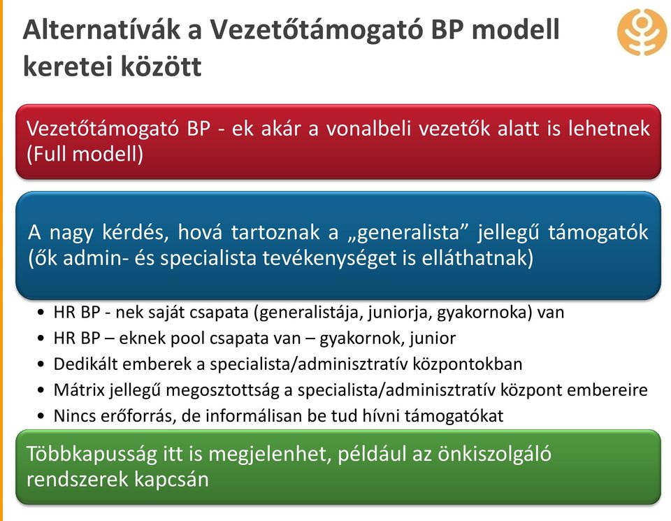 gyakornoka) van HR BP eknek pool csapata van gyakornok, junior Dedikált emberek a specialista/adminisztratív központokban Mátrix jellegű megosztottság a