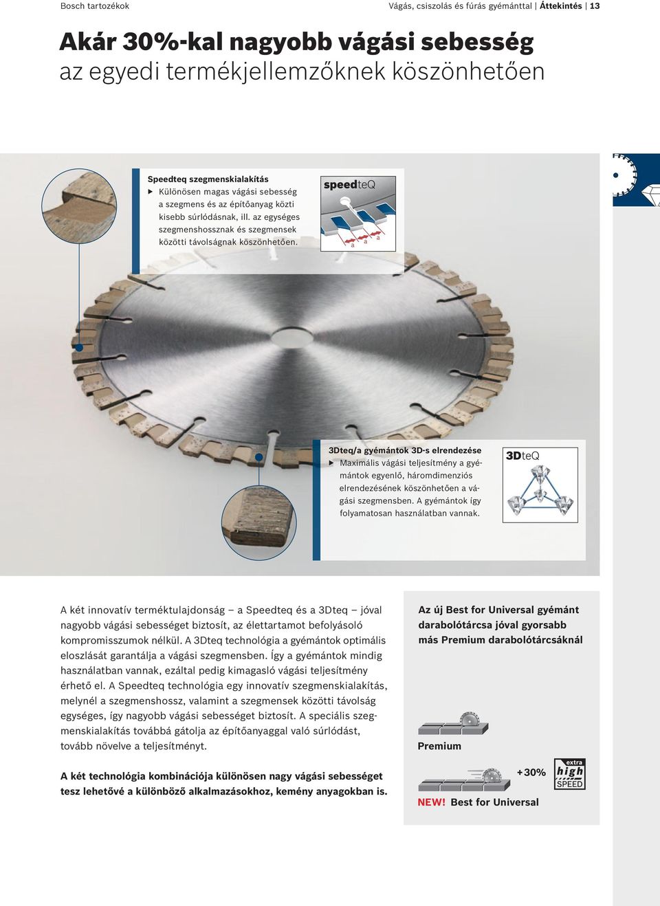 3Dteq/a gyémántok 3D-s elrendezése Maximális vágási teljesítmény a gyémántok egyenlő, háromdimenziós elrendezésének köszönhetően a vágási szegmensben. A gyémántok így folyamatosan használatban vannak.