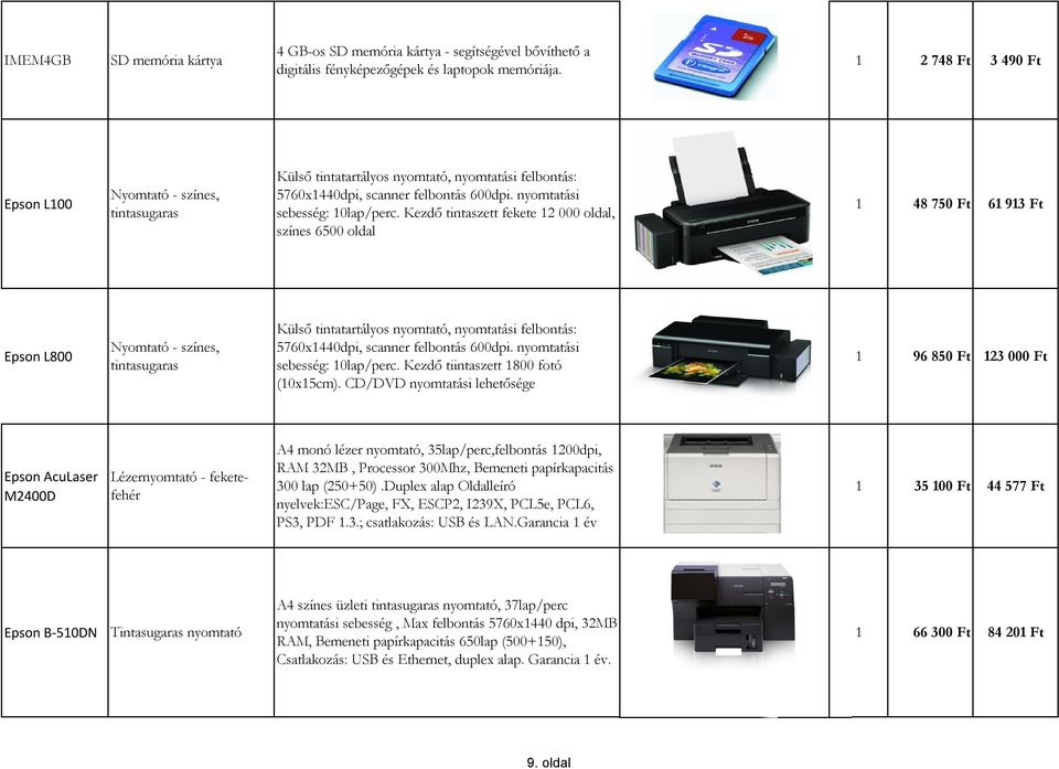 Kezdő tintaszett fekete 12 000 oldal, színes 6500 oldal 1 48 750 Ft 61 913 Ft Epson L800 Nyomtató - színes, tintasugaras Külső tintatartályos nyomtató, nyomtatási felbontás: 5760x1440dpi, scanner