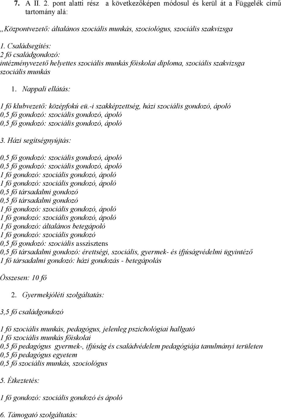 -i szakképzettség, házi szociális gondozó, ápoló 0,5 fő gondozó: szociális gondozó, ápoló 0,5 fő gondozó: szociális gondozó, ápoló 3.