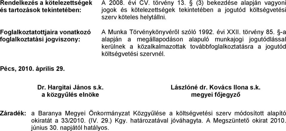 -a alapján a megállapodáson alapuló munkajogi jogutódlással kerülnek a közalkalmazottak továbbfoglalkoztatásra a jogutód költségvetési szervnél. Pécs, 2010. április 29. Dr. Hargitai János s.k. a közgyűlés elnöke Lászlóné dr.