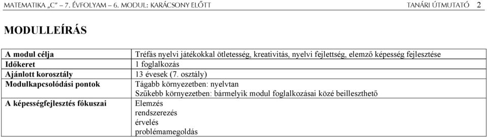 pontok A képességfejlesztés fókuszai Tréfás nyelvi játékokkal ötletesség, kreativitás, nyelvi fejlettség, elemző