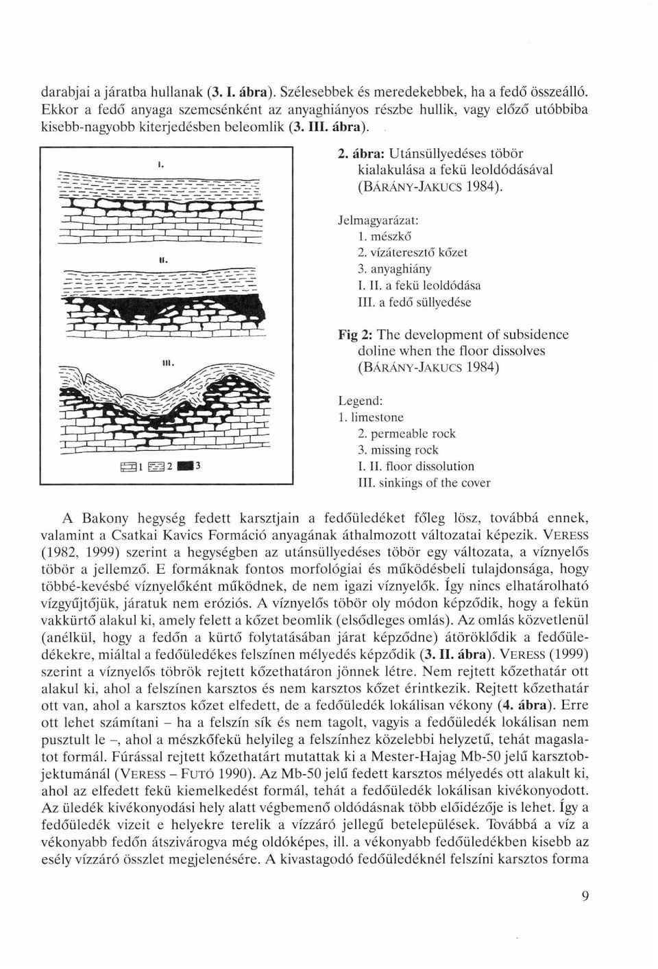 ábra: Utánsüllyedéses töbör kialakulása a fekü leoldódásával (BÁRÁNY-JAKUCS 1984). Jelmagyarázat: 1. mészkő 2. vízáteresztő kőzet 3. anyaghiány I. II. a fekü leoldódása III.