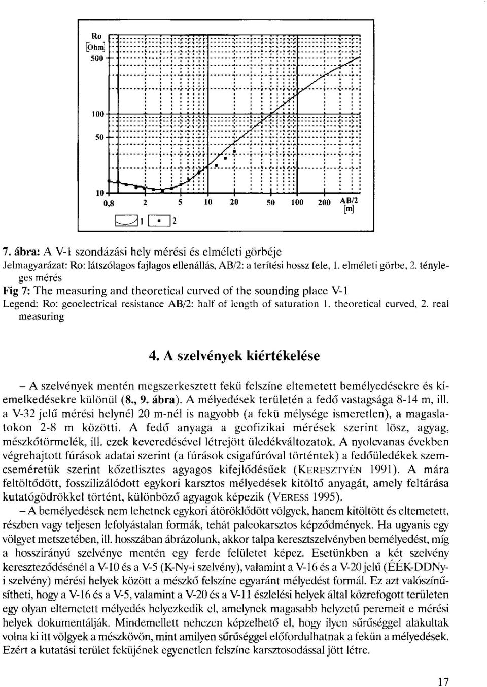 ábra: A V-l szondázási hely mérési és elméleti görbéje Jelmagyarázat: Ro: látszólagos fajlagos ellenállás, AB/2: a terítési hossz fele, 1. elméleti görbe, 2.