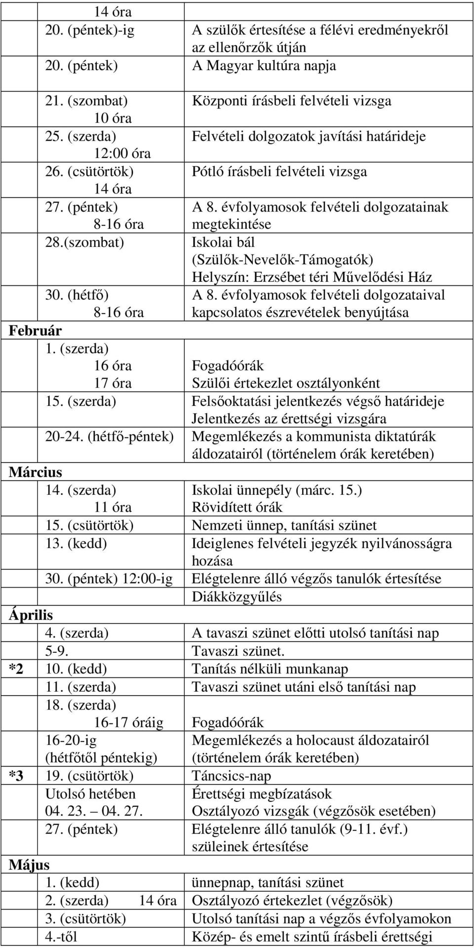 évfolyamosok felvételi dolgozatainak megtekintése Iskolai bál (Szülők-Nevelők-Támogatók) Helyszín: Erzsébet téri Művelődési Ház A 8.