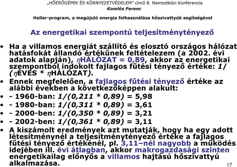 Ennek megfelelıen, a fajlagos főtési tényezı értéke az alábbi években a következıképpen alakult: - 1960-ban: 1/(0,211 * 0,89) = 5,98-1980-ban: 1/(0,311 * 0,89) = 3,61-2000-ben: 1/(0,350 * 0,89) =