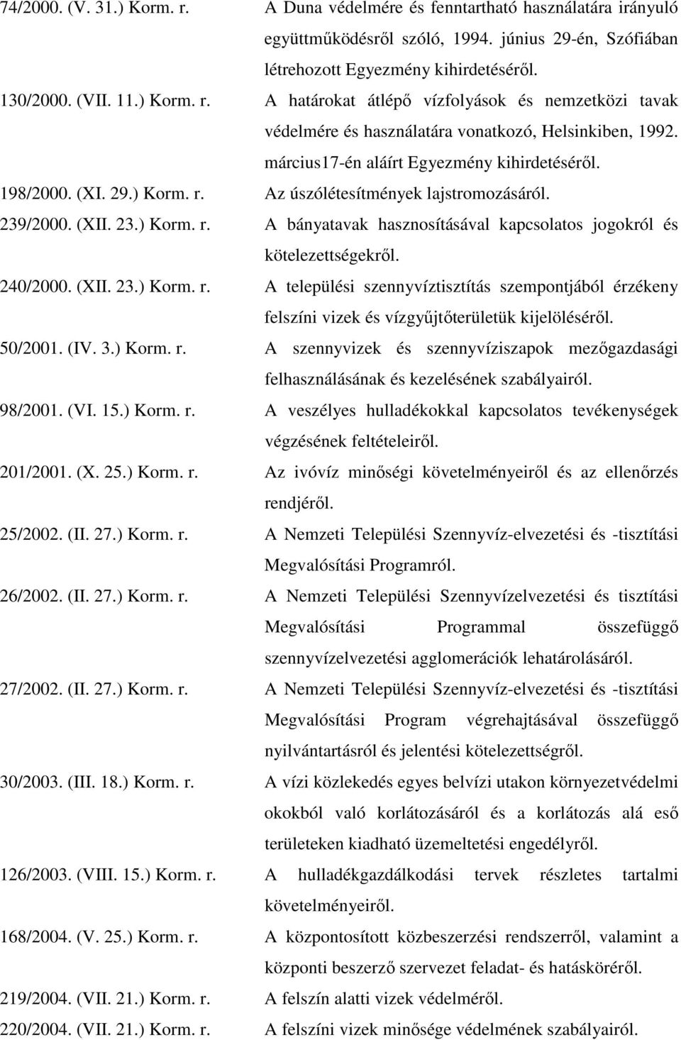 240/2000. (XII. 23.) Korm. r. A települési szennyvíztisztítás szempontjából érzékeny felszíni vizek és vízgyűjtőterületük kijelöléséről. 50/2001. (IV. 3.) Korm. r. A szennyvizek és szennyvíziszapok mezőgazdasági felhasználásának és kezelésének szabályairól.