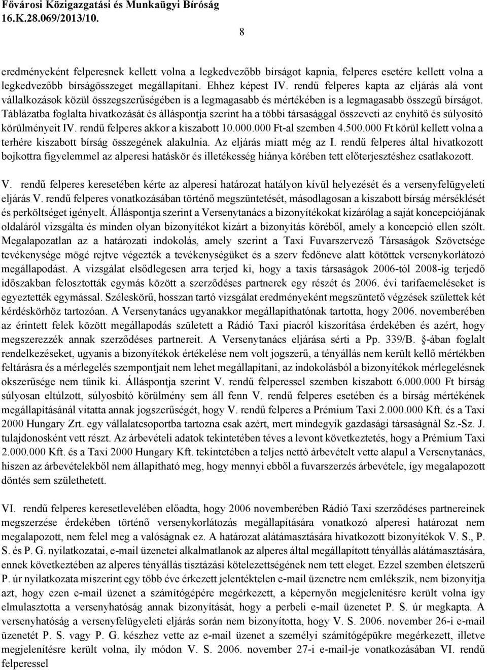 Táblázatba foglalta hivatkozását és álláspontja szerint ha a többi társasággal összeveti az enyhítő és súlyosító körülményeit IV. rendű felperes akkor a kiszabott 10.000.000 Ft-al szemben 4.500.