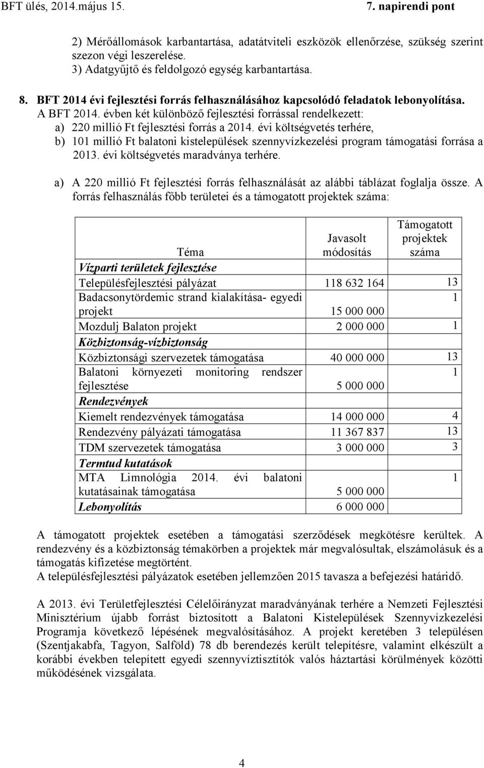 évi költségvetés terhére, b) 101 millió Ft balatoni kistelepülések szennyvízkezelési program támogatási forrása a 2013. évi költségvetés maradványa terhére.