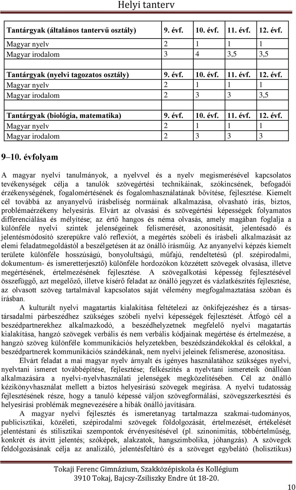 évfolyam A magyar nyelvi tanulmányok, a nyelvvel és a nyelv megismerésével kapcsolatos tevékenységek célja a tanulók szövegértési technikáinak, szókincsének, befogadói érzékenységének,