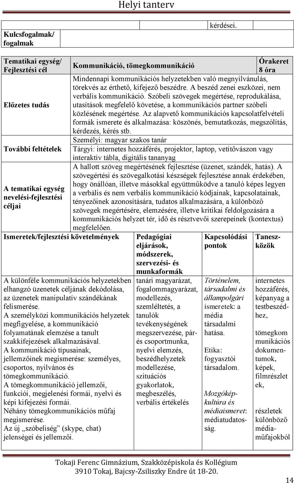 A személyközi kommunikációs helyzetek megfigyelése, a kommunikáció folyamatának elemzése a tanult szakkifejezések alkalmazásával.