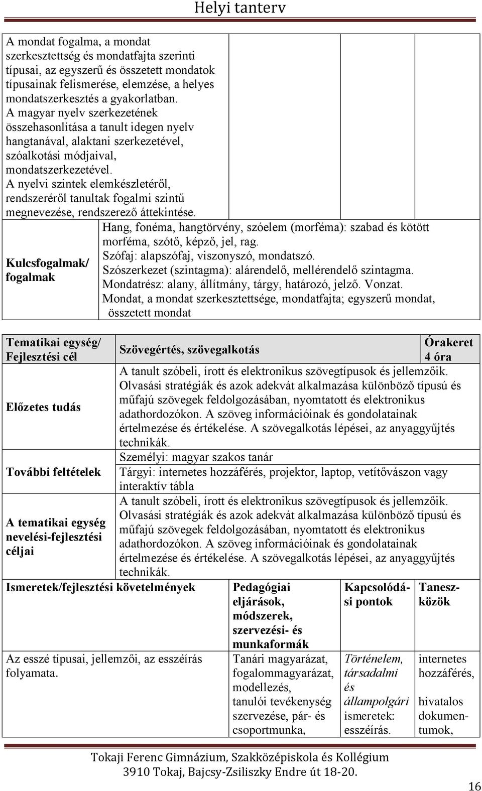 A nyelvi szintek elemkészletéről, rendszeréről tanultak fogalmi szintű megnevezése, rendszerező áttekintése.