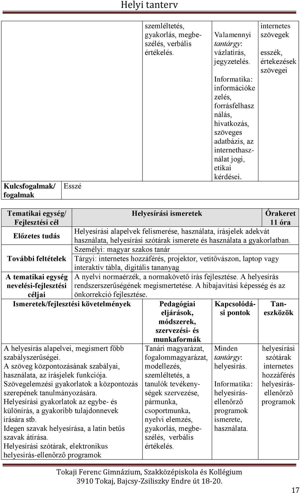 szövegek esszék, értekezések szövegei Helyesírási ismeretek Órakeret 11 óra Előzetes tudás Helyesírási alapelvek felismerése, használata, írásjelek adekvát használata, helyesírási szótárak ismerete