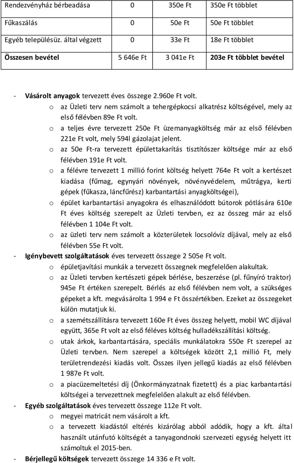 o az Üzleti terv nem számolt a tehergépkocsi alkatrész költségével, mely az első félévben 89e Ft volt.