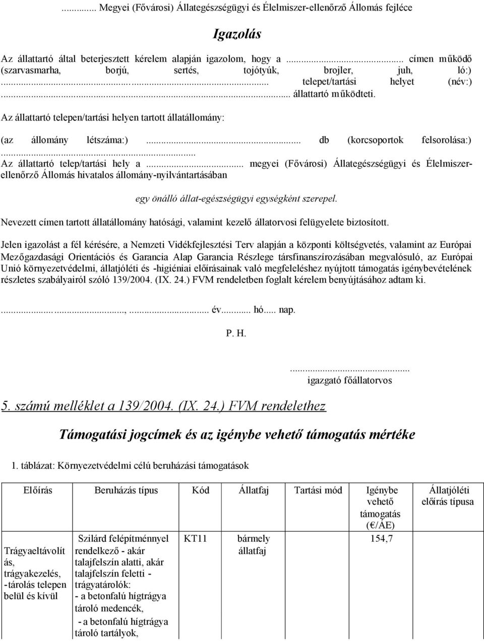 Az állattartó telepen/tartási helyen tartott állatállomány: (az állomány létszáma:)... db (korcsoportok felsorolása:)... Az állattartó telep/tartási hely a.