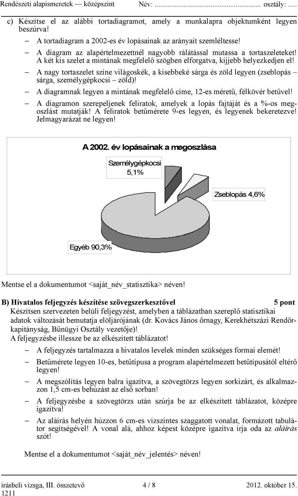 A nagy tortaszelet színe világoskék, a kisebbeké sárga és zöld legyen (zseblopás sárga, személygépkocsi zöld)! A diagramnak legyen a mintának megfelelő címe, 12-es méretű, félkövér betűvel!