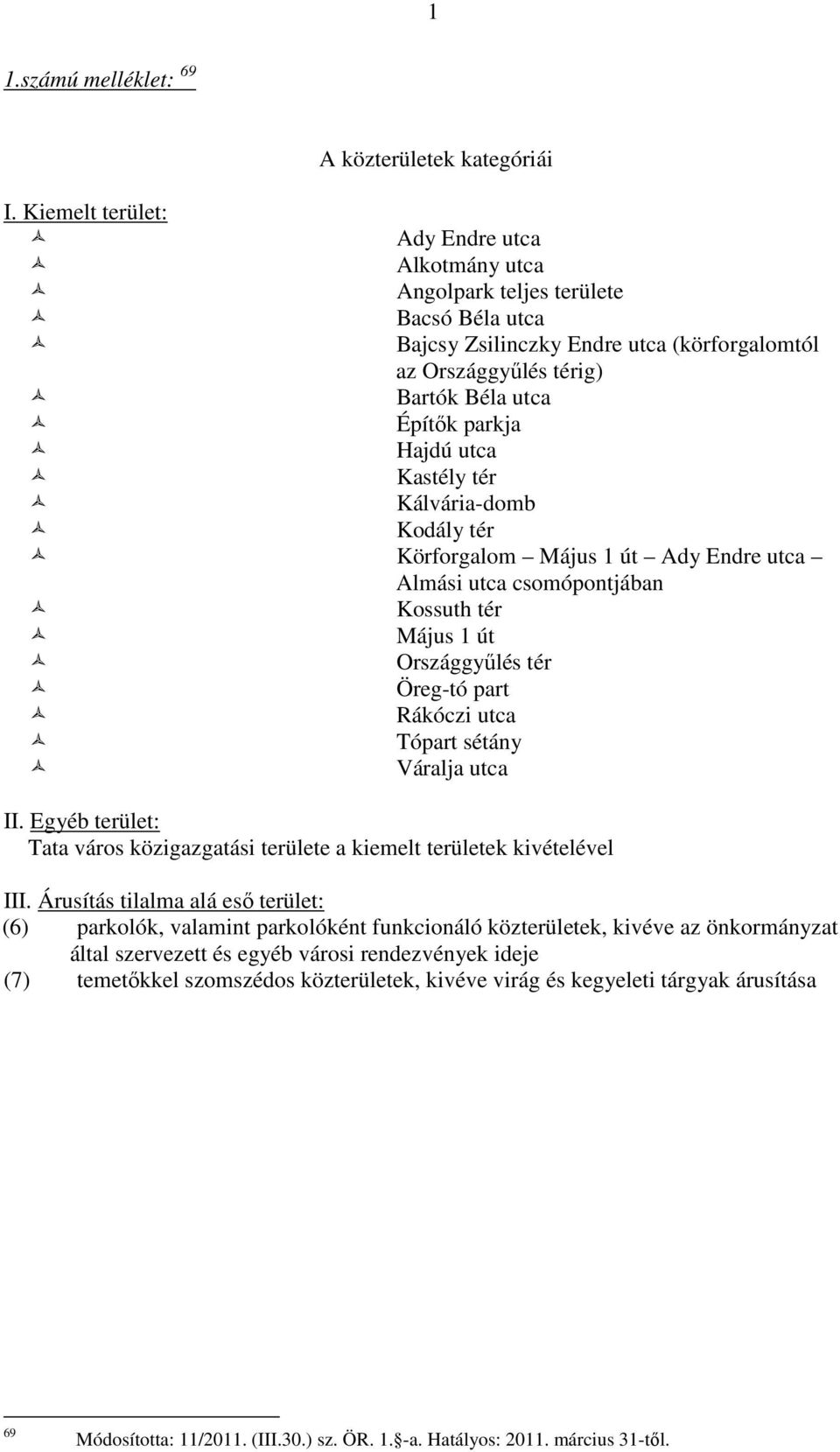 Kastély tér Kálvária-domb Kodály tér Körforgalom Május 1 út Ady Endre utca Almási utca csomópontjában Kossuth tér Május 1 út Országgyűlés tér Öreg-tó part Rákóczi utca Tópart sétány Váralja utca II.