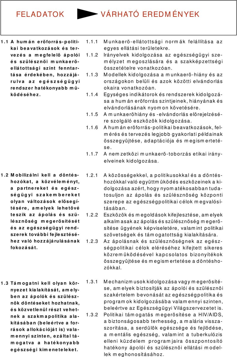 mûködéséhez. 1.1.1 Munkaerõ-ellátottsági normák felállítása az egyes ellátási területekre. 1.1.2 Irányelvek kidolgozása az egészségügyi személyzet megoszlására és a szakképzettségi összetételre vonatkozóan.