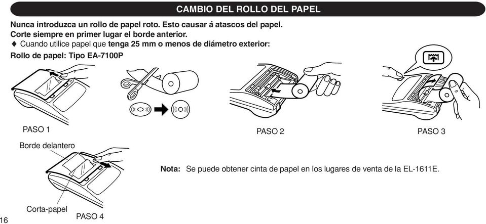 Cuando utilice papel que tenga 25 mm o menos de diámetro exterior: Rollo de papel: Tipo