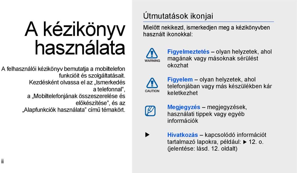 Útmutatások ikonjai Mielőtt nekikezd, ismerkedjen meg a kézikönyvben használt ikonokkal: Figyelmeztetés olyan helyzetek, ahol magának vagy másoknak sérülést okozhat