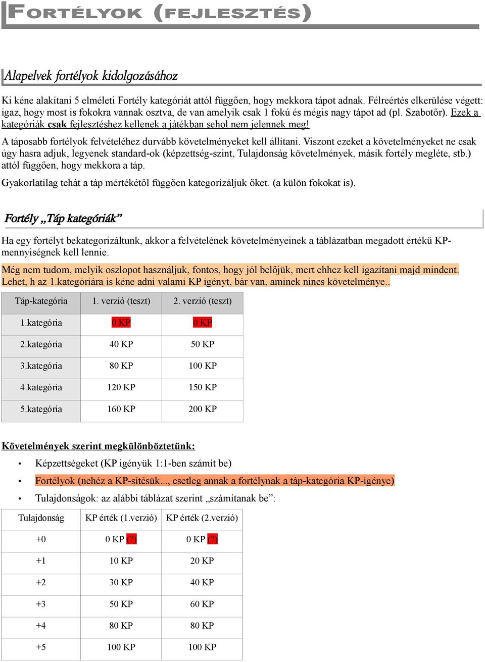 Ezek a kategóriák csak fejlesztéshez kellenek a játékban sehol nem jelennek meg! A táposabb fortélyok felvételéhez durvább követelményeket kell állítani.