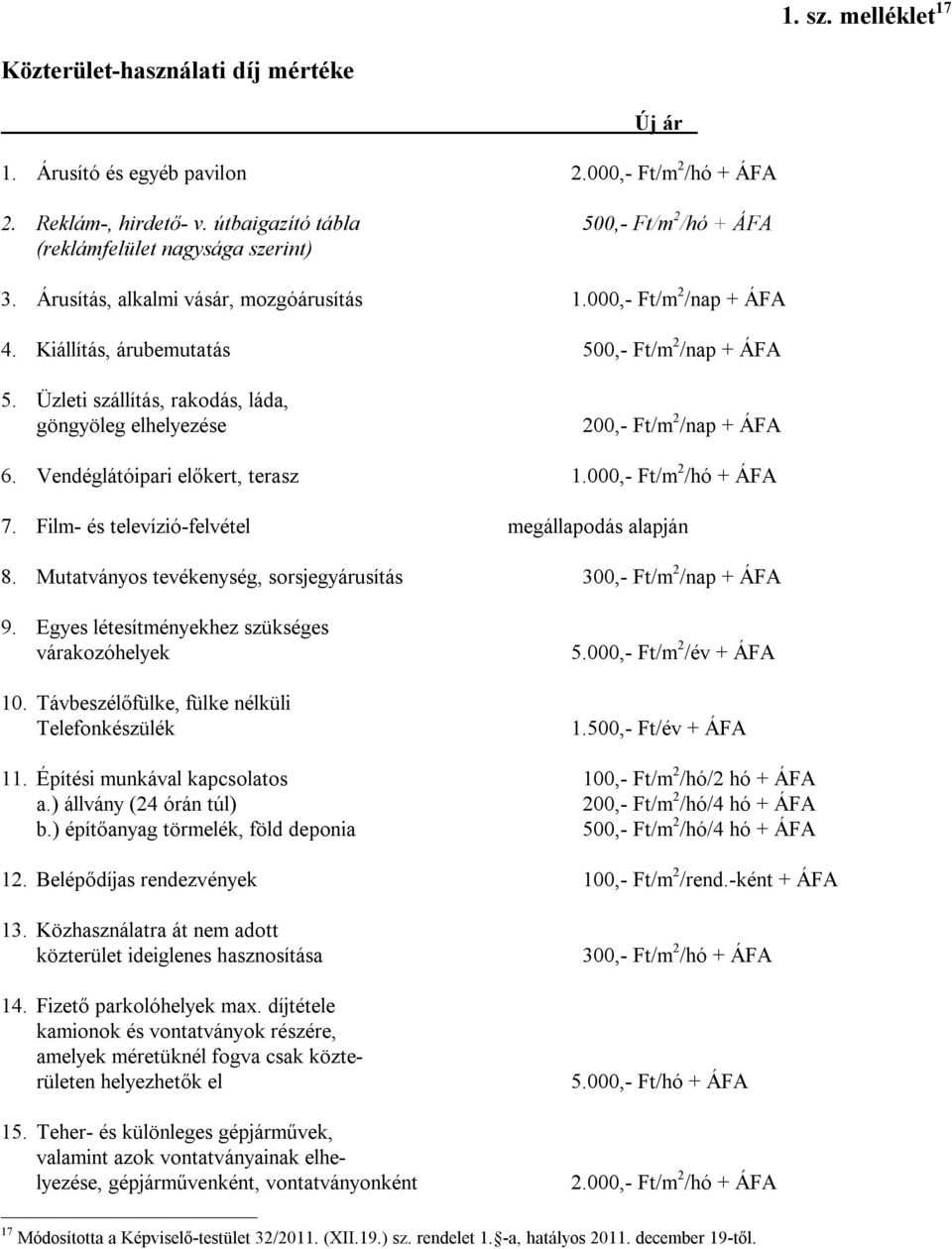 Üzleti szállítás, rakodás, láda, göngyöleg elhelyezése 200,- Ft/m 2 /nap + ÁFA 6. Vendéglátóipari előkert, terasz 1.000,- Ft/m 2 /hó + ÁFA 7. Film- és televízió-felvétel megállapodás alapján 8.