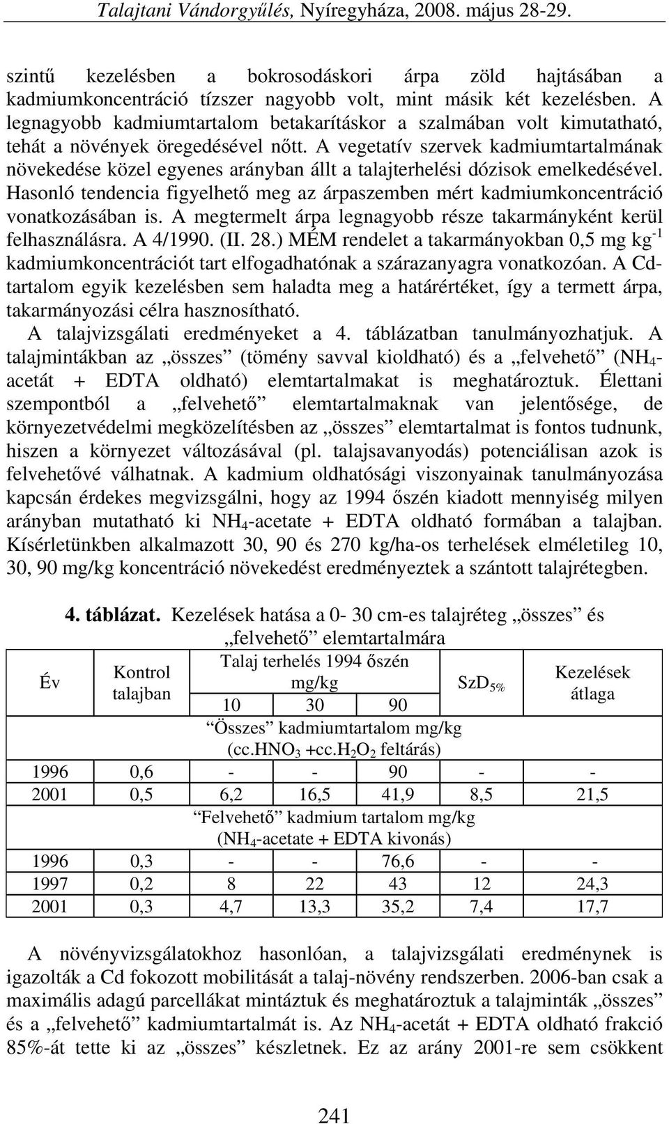 A vegetatív szervek kadmiumtartalmának növekedése közel egyenes arányban állt a talajterhelési dózisok emelkedésével.