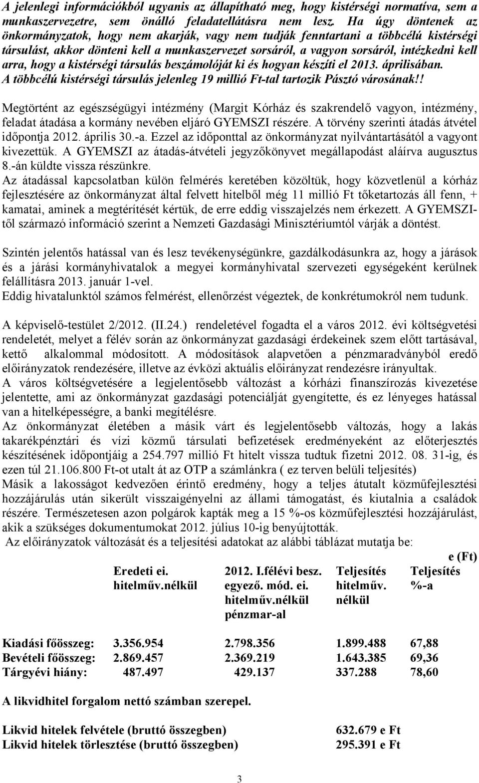 arra, hogy a kistérségi társulás beszámolóját ki és hogyan készíti el 2013. áprilisában. A többcélú kistérségi társulás jelenleg 19 millió Ft-tal tartozik Pásztó városának!