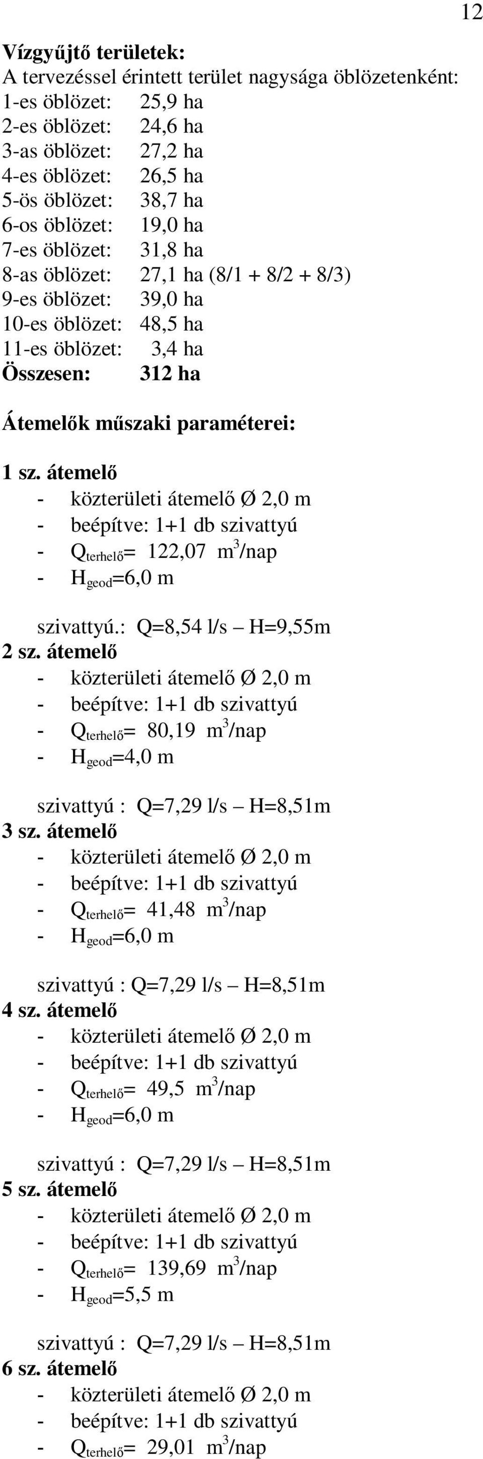 átemel - közterületi átemel Ø 2,0 m - Q terhel = 122,07 m 3 /nap - H geod =6,0 m szivattyú.: Q=8,54 l/s H=9,55m 2 sz.