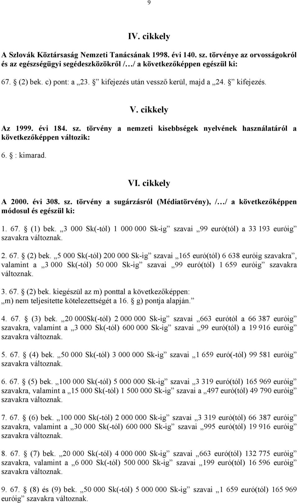 évi 308. sz. törvény a sugárzásról (Médiatörvény), / / a következőképpen módosul és egészül ki: 1. 67. (1) bek. 3 000 Sk(-tól) 1 000 000 Sk-ig szavai 99 euró(tól) a 33 193 euróig 2. 67. (2) bek.