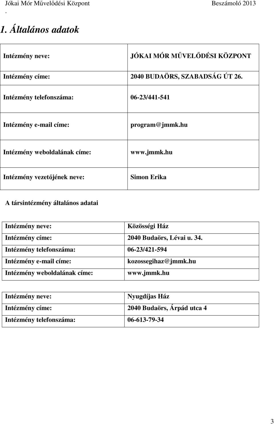 Intézmény neve: Közösségi Ház Intézmény címe: 2040 Budaörs, Lévai u 34 Intézmény telefonszáma: 06-23/421-594 Intézmény e-mail címe: