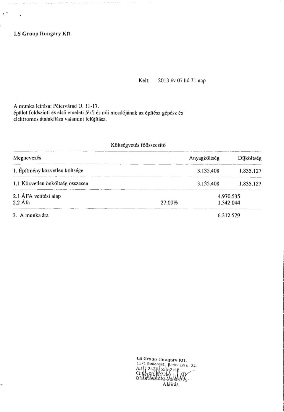 Költségvetés főösszesítő Megnevezés 1. Építmény közvetlen költsége 1.1 Közvetlen önköltség összesen Anyagköltség 3.135.