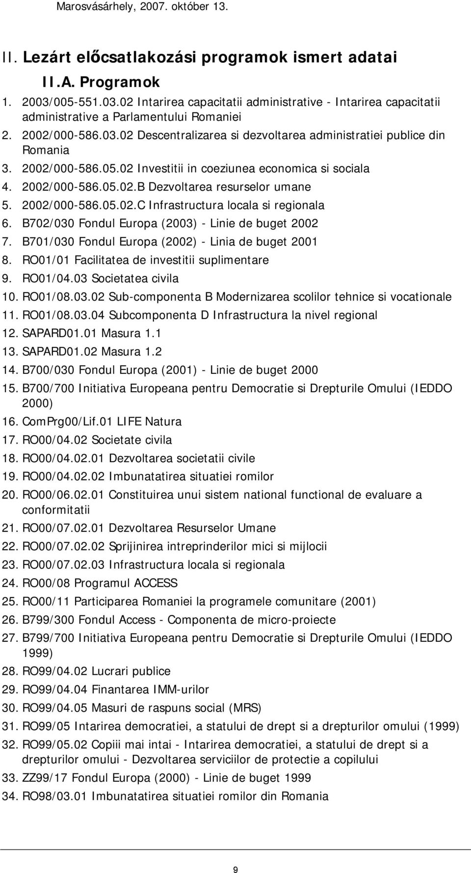2002/000-586.05.02.C Infrastructura locala si regionala 6. B702/030 Fondul Europa (2003) - Linie de buget 2002 7. B701/030 Fondul Europa (2002) - Linia de buget 2001 8.