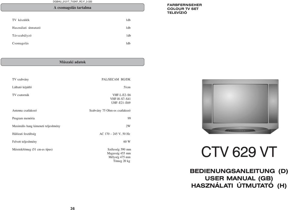 Szabvány 75 Ohm-os csatlakozó Program memória 99 Maximális hang kimeneti teljesítmény 2W Hálózati feszültség AC 170 245 V, 50 Hz Felvett teljesítmény 60 W